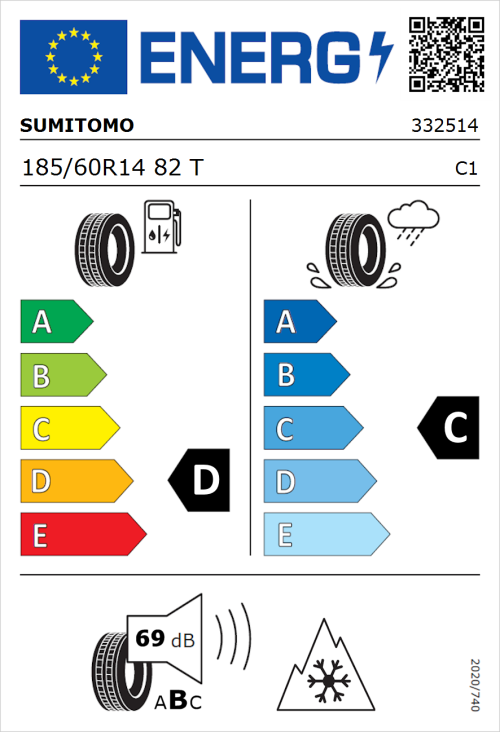 Tyre Label for Sumitomo WT200 185/60R14 82T