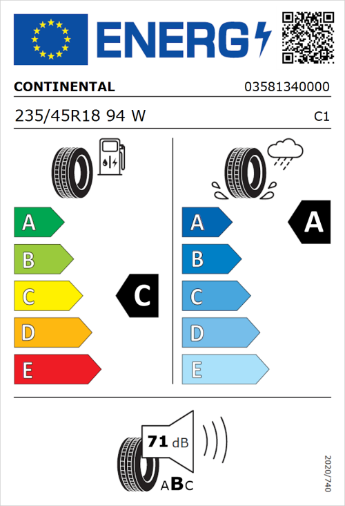 Tyre Label for Continental ContiSportContact 5 Seal 235/45R18 94W