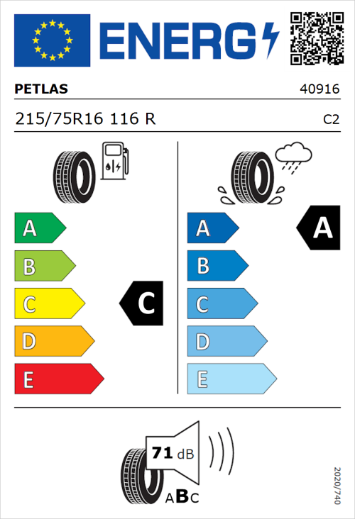 Tyre Label for Petlas Full Power PT835 215/75R16 116R