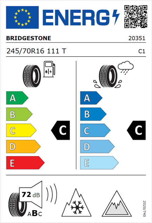 Tyre Label for Bridgestone Dueler A/T002 245/70R16 111T